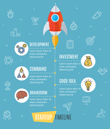 Space Ship Start Up Infographic Business Concept with Rocket Development and Investment. Vector illustrationのイラスト素材