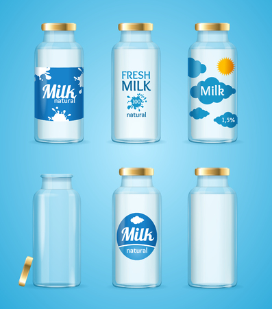 Milk Bottles Drink Set with Label, Full and Empty. Vector illustrationのイラスト素材
