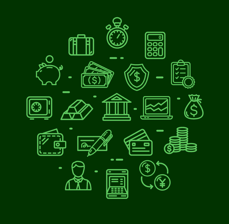 Banking and Accounting Icon Round Design Template Thin Line Set. Vectorのイラスト素材
