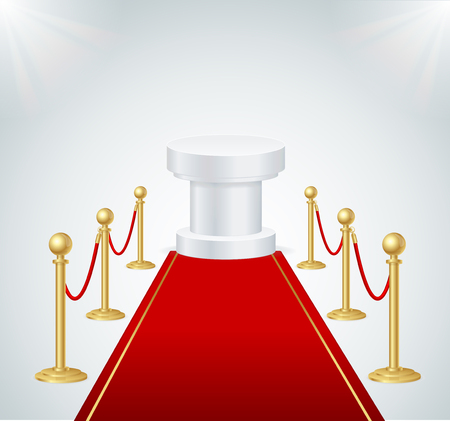 Red Event Carpet, Round Podium and Gold Rope Barrier. Vectorのイラスト素材