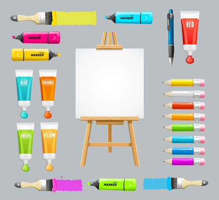 Board Easel Blank Empty and Painting Accessories Set. Vectorのイラスト素材