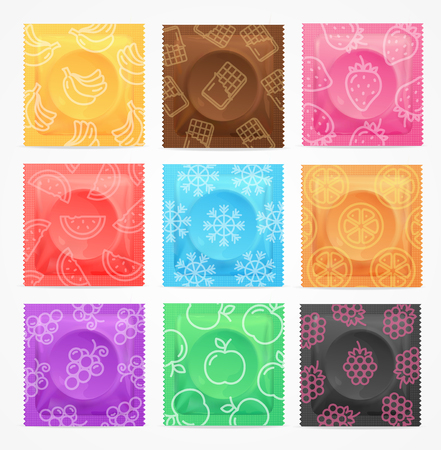 Realistic 3d Detailed Color Condoms Package Set. Vectorのイラスト素材
