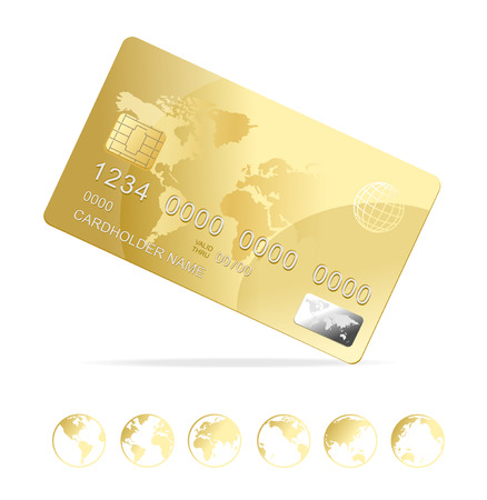 Realistic 3d Detailed Gold Shiny Plastic Credit Card with Map. Vectorのイラスト素材