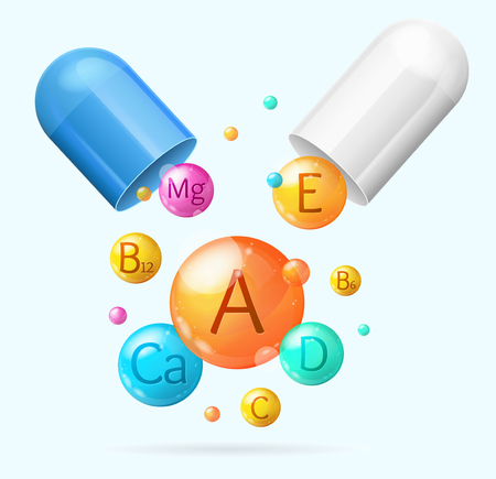 Realistic Detailed 3d Vitamin and Mineral with Pill Background Card. Vectorのイラスト素材