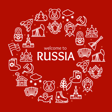Russia Travel and Tourism Round Design Template Line Icon Concept. Vectorのイラスト素材