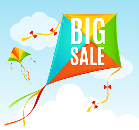 Realistic Detailed 3d Kite Sale Concept Card. Vectorのイラスト素材