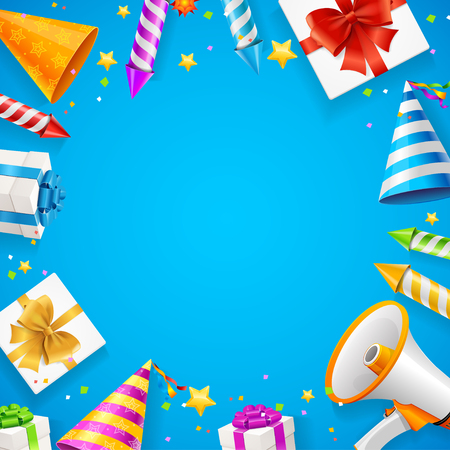 Birthday or Anniversary Celebration Banner Card Background on a Blue with Petard for Firework on Entertainment. Vector illustrationのイラスト素材