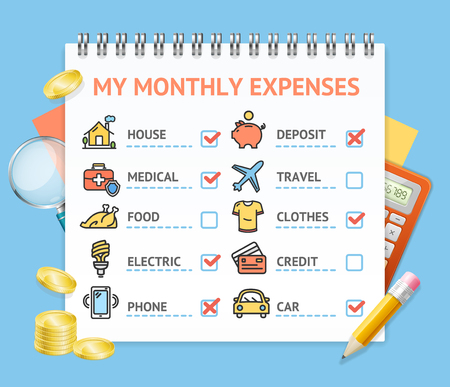 Monthly Expenses Realistic Detailed 3d Concept Include of Food, Medical, House, Credit, Travel, Deposit and Car. Vector illustrationのイラスト素材