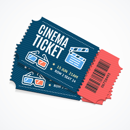 Cinema Movie Tickets Set with Elements Include of Glasses and and Clap Board. Vector illustration of...