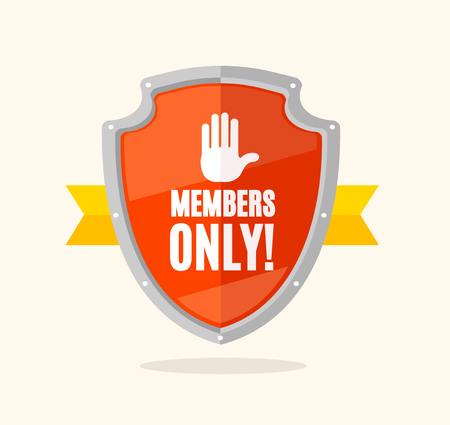 Cartoon Members Only Sign Shield and Ribbon Symbol of Protection Association Concept Flat Design Style. Vector illustrationのイラスト素材