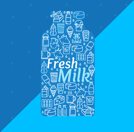 Cartoon Fresh Milk Dairy Products Concept on a Blue Background for Marketing and Promotion Business. Vector illustrationのイラスト素材