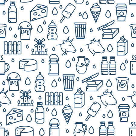 Milk Dairy Products Signs Seamless Pattern Background on a White for Web and App Design. Vector illustrationのイラスト素材