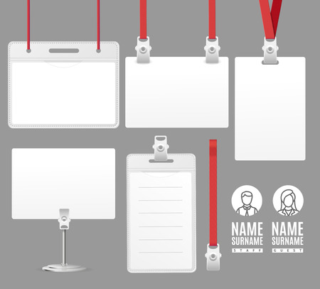 Realistic Detailed 3d White Blank Id Card Empty Template Mockup Set. Vector illustration of Plastic Badge for Businessのイラスト素材