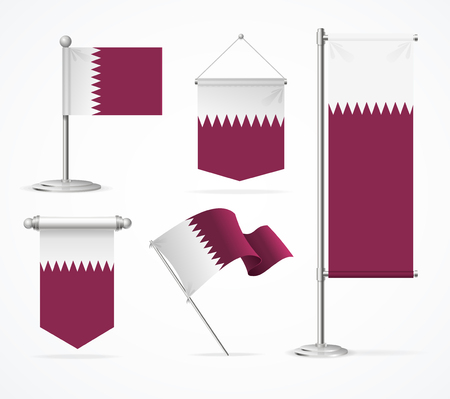 Realistic 3d Detailed Qatar Fabric Textile Flag Banner Set Isolated on a White Background for Presentation and Exhibition. Vector illustrationのイラスト素材