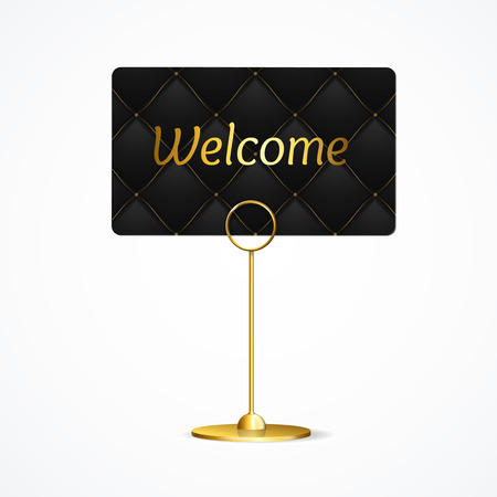 Realistic 3d Detailed Gold Card Holder Welcome Concept Vip on a Black Quilted Pattern Background. Vector illustrationのイラスト素材