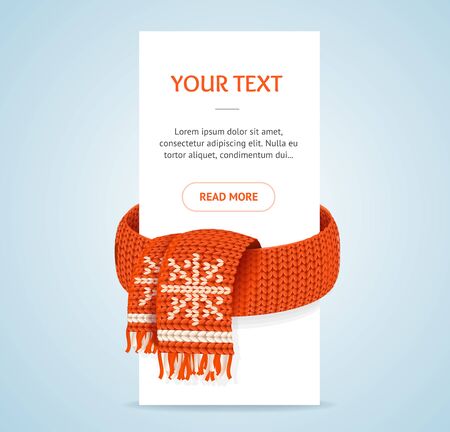 Winter Concept Banner with Realistic Detailed 3d Element Include of Red Knitted Scarf with Snowflake. Vector illustrationのイラスト素材