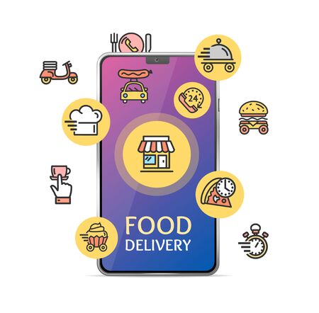 Food Delivery Service App Concept with Realistic Detailed 3d Mobile Phone. Vectorのイラスト素材