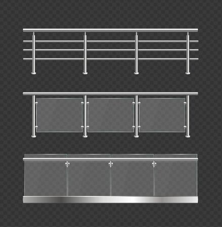 Realistic Detailed 3d Glass Balustrade with Metal Handrails Set. Vectorのイラスト素材