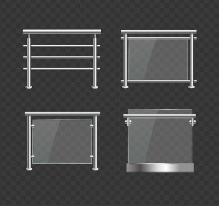 Realistic Detailed 3d Glass Balustrade with Metal Handrails Set. Vectorのイラスト素材