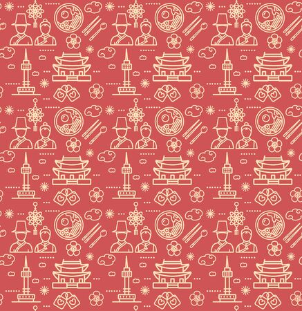 Korea Signs Seamless Pattern Background on a Red. Vectorのイラスト素材