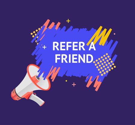 Refer a Friend Concept Ad Poster Card with Abstract Memphis Style Element and Loudspeaker. Vector illustrationのイラスト素材