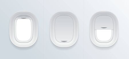 Realistic Detailed 3d Blank Airplane Window Template Mockup Set.のイラスト素材