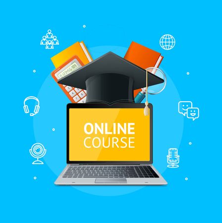 Online Course Education Concept with Realistic Detailed 3d Laptop, Hat and Thin Line Icons Set. Vector illustrationのイラスト素材