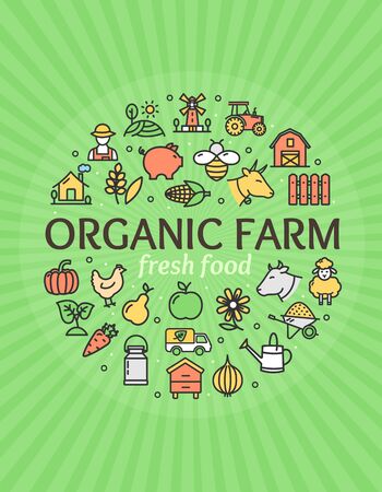 Organic Farm Signs Round Design Template Thin Line Icon Concept on a Green for Advertising. Vector illustrationのイラスト素材