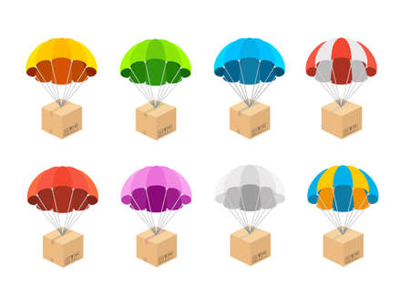 Cartoon Color Different Parachutes with Boxes Icons Set Flat Design Style. Vector illustration of Parachute Iconのイラスト素材