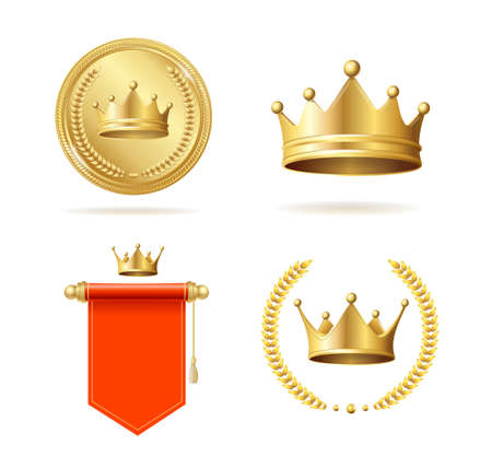 Realistic Detailed 3d King Crown and Royal Accessories Set. Vectorのイラスト素材