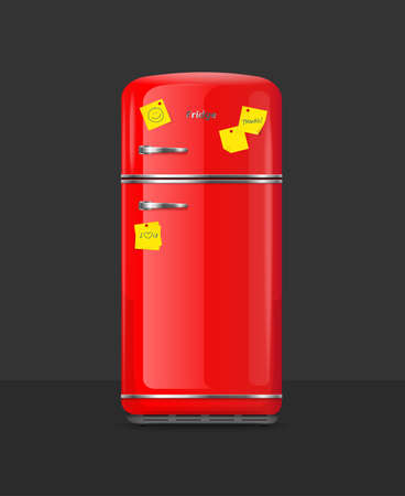 Realistic Detailed 3d Vintage Red Fridge with Yellow Sticky Note. Vectorのイラスト素材