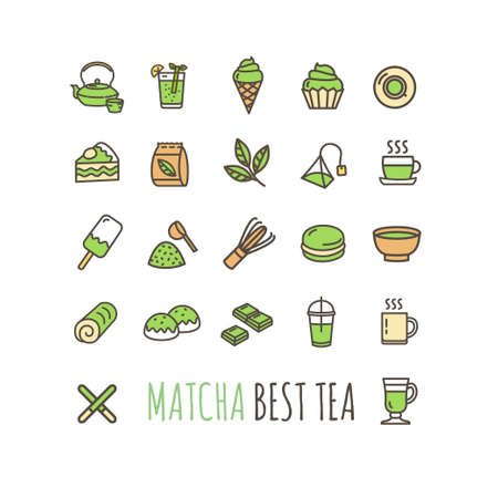 Matcha Tea Sign Color Thin Line Icon Set. Vectorのイラスト素材