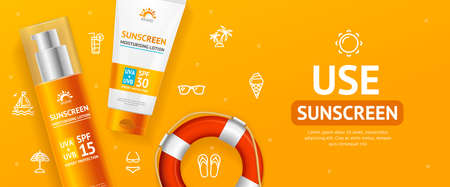 Sunscreen Concept Banner Horizontal with Realistic Detailed 3d Elements. Vectorのイラスト素材