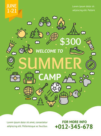 Summer Camp Concept Banner Card with Color Thin Line Icons. Vectorのイラスト素材