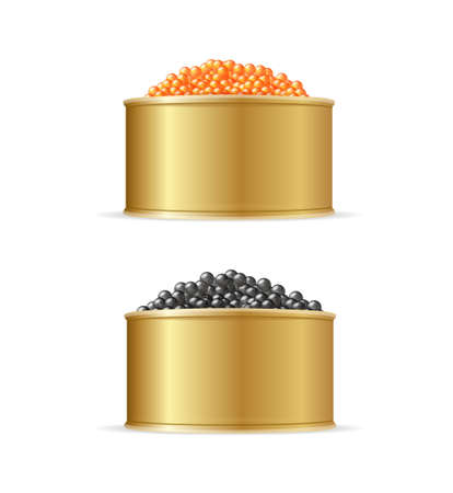 Realistic Detailed 3d Red and Black Caviar Can Set. Vectorのイラスト素材