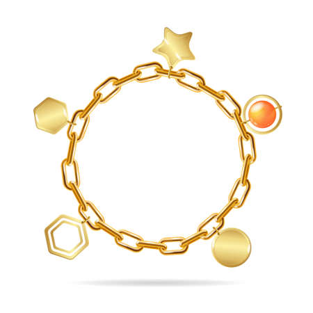 Realistic Detailed 3d Gold Chain Bracelet with Pendants. Vectorのイラスト素材