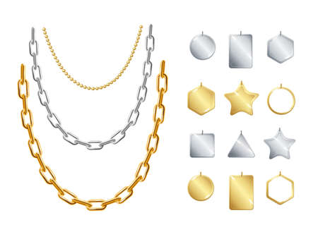 Realistic Detailed 3d Gold and Silver Chain Necklace with Pendants Set. Vectorのイラスト素材