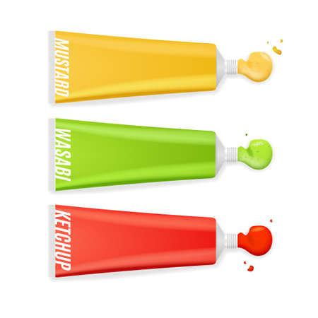 Realistic Detailed 3d Different Sauce Tube Packing Set. Vectorのイラスト素材