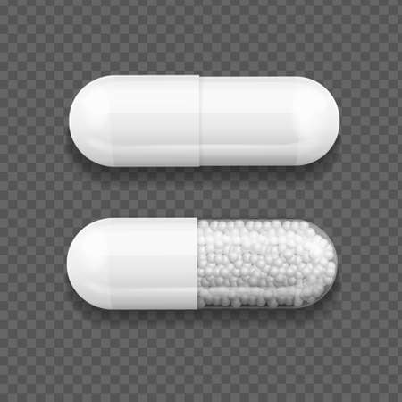 Realistic Detailed 3d Capsule Medical with Granules Set. Vectorのイラスト素材