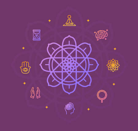 Yoga Meditation Relaxation Round Design Concept with Thin Line Icons. Vectorのイラスト素材
