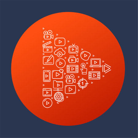 Play Button Red Circle Design with Thin Line Icons. Vectorのイラスト素材