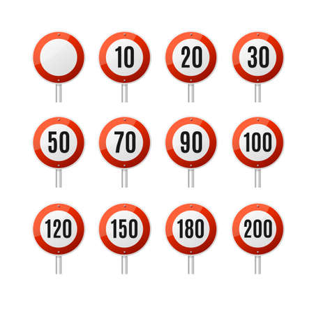 Realistic Detailed 3d Different Speed Limitation Road Sign Set. Vectorのイラスト素材