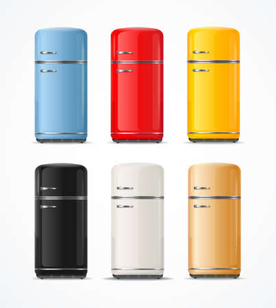 Realistic Detailed 3d Vintage Color Fridge Set. Vectorのイラスト素材
