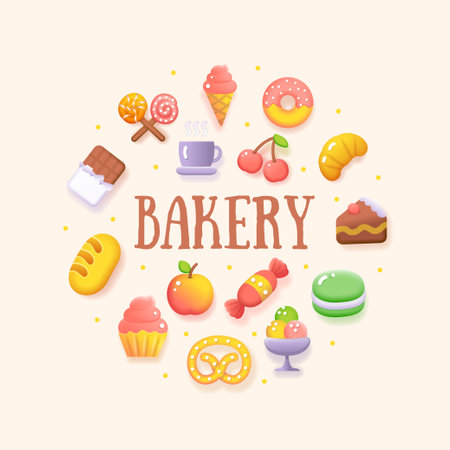 Food Sweets Coffee Shop Bakery Round Fluent Design Template Icon Concept. Vectorのイラスト素材