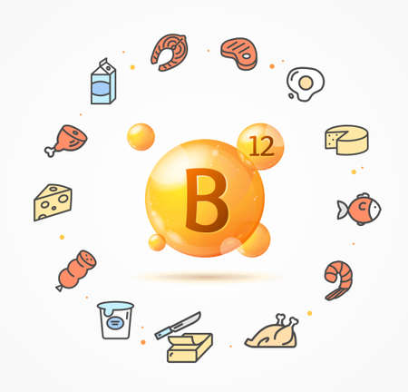 Realistic Detailed 3d Vitamin B12 Gold Pill Capsule and Thin Line Icons. Vectorのイラスト素材