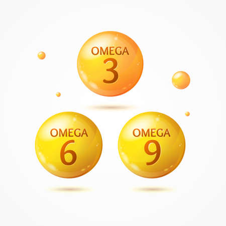 Realistic Detailed 3d Different Omega 3 6 9 Pill Capsule Set. Vectorのイラスト素材