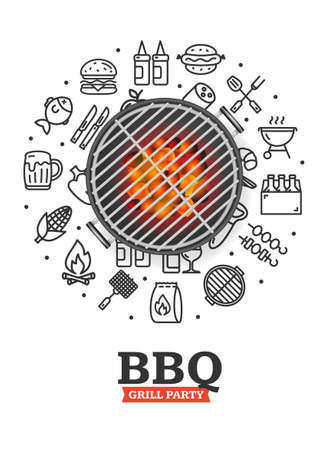 Bbq Party Invitation Concept with Realistic Detailed 3d Barbecue Grill. Vectorのイラスト素材