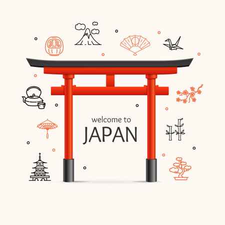 Welcome Japan Travel Concept with Torii Gate. Vectorのイラスト素材