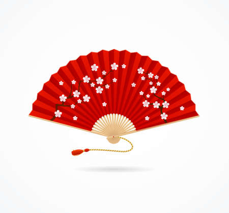 Realistic Detailed 3d Red Folding Asian Hand Fan with Sakura Blossoms. Vectorのイラスト素材