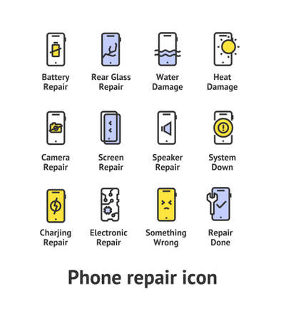 Phone Repair Service Signs Color Thin Line Icons Set. Vectorのイラスト素材